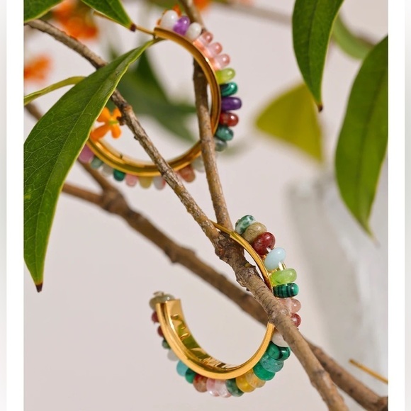 18K Gold Plated *Bohemia Natural Stone* Hoop Earrings - Picture 3 of 8